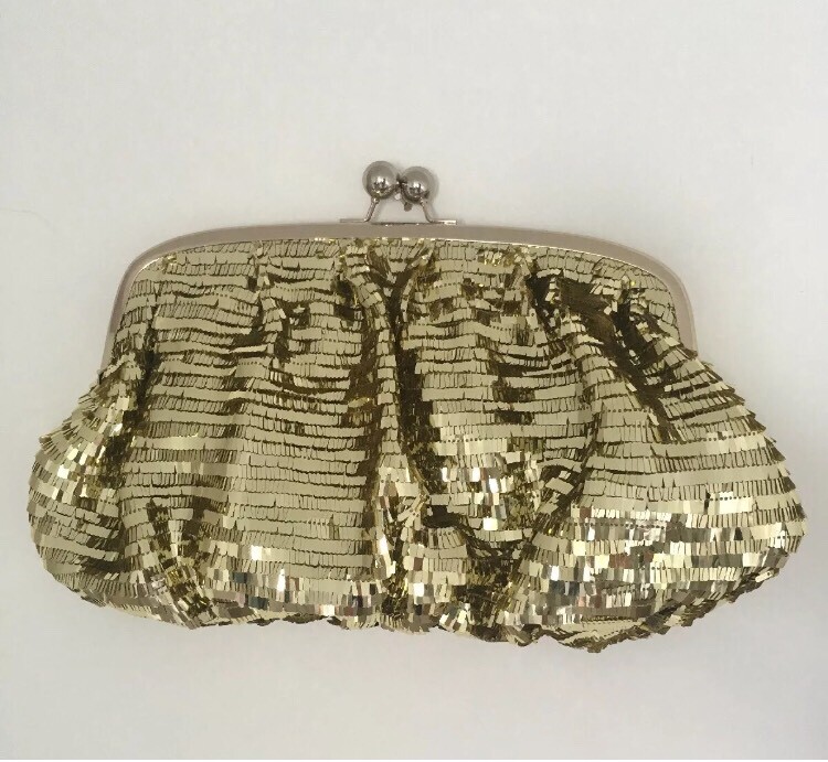 gold sequin clutch bag